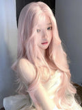 Gaeaspace  -  Pink Wig Anterior Forehead Lace Long Wavy Wigs Hair Center Split Wigs Cosplay 30 Inch Woven Daily Natural Smooth Wig