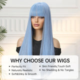 Gaeaspace  -  Gray Blue Long Straight Wig with Bangs Natural Thermal Synthetic Wig Bachelorette Party Wig for Women Girls Music Festival Party