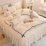 Gaeaspace  -  Korean Girl Heart Solid Color Bedding Set Cute Princess Style Cotton Bed Skirt Full Queen Size Flat Sheet Quilt Cover Pillowcase