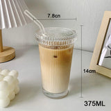 Gaeaspace  -  375ML Stripe Glass Cup With Lid and Straw Transparent Tea Cup Glasses Beer Can Milk Juice Cups Coffee Mug Drinkware Dessert Cup