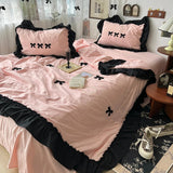 Gaeasapce  -  1Pc Korean Style Princess Black Bow Ruffles Summer Quilt Soft Skin-friendly Washed Seersucker Blanket Bedspread 150X200/200X230