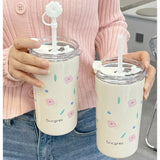 Gaeaspace  -  316 Stainless Steel Thermos Bottle For Girls Double Layer Thermal Coffee Cup With Straw Cherry Blossom Drinking Cup Travel Mugs