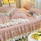 Gaeasapce  -  Pink Korean Princess Style Bedding Set Flowers Lace Ruffles Embroidery Quilted Thick Duvet Cover Bedspread Bed Skirt Pillowcases