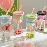 Gaeaspace  -  Cute Korean  Glass Cup With Lid And Straw Infuser Large Glass Bottle Aesthetic For Water Tea Juice Drinking Bottle Gift 750ml