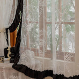 Gaeaspace  -  Korean White Flower Jacquard Tulle Curtain For Living Room Bedroom Black Ruffled Lace Sheer Veil Drapes For Kitchen Door Decor