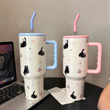 Gaeaspace  -  Kawaii Cat Stainless Steel Vacuum Insulated Tumbler With Lid Straw For Water Iced Tea Coffee Juice Large Car Thermos Mug 1200ml