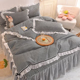 Gaeaspace  -  Korean Girl Heart Solid Color Bedding Set Cute Princess Style Cotton Bed Skirt Full Queen Size Flat Sheet Quilt Cover Pillowcase