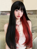 Gaeaspace  -  26Inch Black and Red Special Style Synthetic Wigs With Bang Long Straight Hair Wig For Women Daily Use Cosplay Heat Resistant