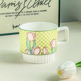 Gaeaspace  -  Tulip Flower Coffee Cup with Handle Ins Style Creative Couple for Girls Gift Cute Ceramic Mug Oatmea Breakfast Milk Wate Cup