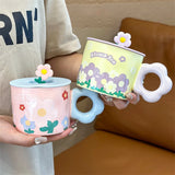 Gaeasapce  -  Ceramic Mug with Lid Handle, Cartoon Flower, Office, Home, Water Cup, Simple, Cute Couple, Breakfast Milk Coffee Cup Ins Fashion