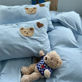 Gaeaspace  -  Solid Blue Bear Bedding Set Duvet Cover Queen Full Twin Size Bed Flat Sheet Kids Girls Room Decor Quilt Cover Pillowcase Kawaii