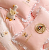 Gaeaspace  -  Kawaii Princess Bedding Set with White Ruffles Korean Style Girls Single Full Duvet Cover No Filling Flat Sheet Pillowcases Kit