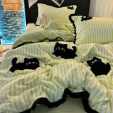 Gaeaspace  -  milk green Strip Cat Embroidery, Washing Cotton Four PIECE Set, cute cardboard bedding, Three PIECE set for Student dormitories