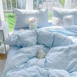 Gaeaspace  -  Cute Korean Adults Bedding Sets Aesthetic King Queen Twin Size Ins Solid Color Double Bed Sheets Ruffled Duvet Quilt Cover Set