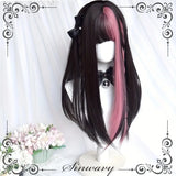 Gaeaspace  -  Black Pink Wig Long Hair Air Bangs Long Straight Hair Lolita Cosplay Party Daily Wig Halloween Christmas Heat Resistant