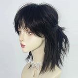 Gaeaspace  -  Short Mullet Head Wigs with Bangs Synthetic Straight Anime Men Black Gray Green Hair Wig for Daily Party Cosplay