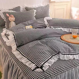 Gaeaspace  -  Checkered Bedding Set Bed Skirt Ruffle Lace Princess Style Girls Duvet Cover Simple Solid Color Home Textiles Decor Bedroom