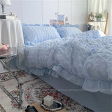 Gaeaspace  -  Quilt Cover INS Girl Blue Solid Color Seersucker Ruffles Lace Bedding Set Kawaii  Soft Sheet Woman Duvet Cover Pillow Covers