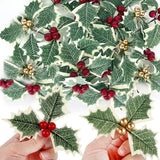 Gaeaspace  -  50/5Pcs Artificial Holly Berries With Green Leaves DIY Christmas Wreath Wedding Flower Gifts Xmas New Year Festival Decorations