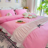 Gaeaspace  -  Ins Green Princess Bedding Sets Girl Romantic Ruffle Lace Bed Skirt Duvet Cover Solid Color Bedclothes Decor Home Textiles