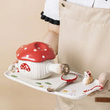 Gaeaspace  -  Red Mushroom Handle Bowl with Lid Creative Ceramic Breakfast Fruit Dessert Plate Creative Mushroom Salad Bowl Spoon Cutlery New