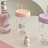 Gaeaspace  -  600ml Kawaii Glass Bottle For Water Coffee Drinks BPA Free Clear Milk Juice Bubble Tea Glass Cup With Lid And Straw  Girl  Gift