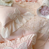 Gaeaspace  -  French Romantic Lace Patchwork Ruffles With Bow Decoration Bedding Set Soft Cozy Pink Girls Duvet Cover Set Bed Sheet Pillowcase