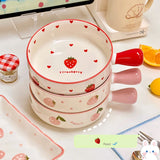 Gaeaspace  -  Kawaii Strawberry Peach Bowl Plate Ceramic Fruit  Salad Noodle Ramen Kitchen Bowl With Handle Tableware Gift For Kids Girl Women