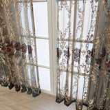 Gaeaspace  -  European Luxury Retro Rose Embroidery Tulle Curtain Blue Coffee Gradient Window Screen Grommet Top For Living Room and Bedroom