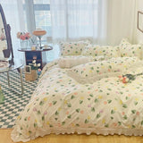 Gaeaspace  -  Ins Tulip Floral Bedding With Seersucker Simple Flower Duvet Cover Single Double Bed Sheet Quilt Cover Four Seasons Bed Linens