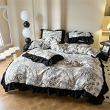 Gaeaspace  -  Washed Cotton Bedding Sets With Lace Black Printed Four Piece Set Bedroom Decor Duvet Cover Pillowcase Bedspread Bed Cover Sets