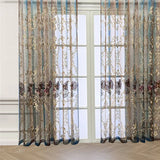 Gaeaspace  -  European Luxury Retro Rose Embroidery Tulle Curtain Blue Coffee Gradient Window Screen Grommet Top For Living Room and Bedroom