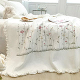 Gaeaspace  -  Fresh Flower Embroidered Summer Blanket 4/3/1 Pcs Ruffled Quilted Summer Quilt Set Machine Washable Lightweight Comforter Duvet