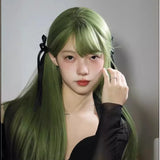 Gaeaspace  -  Green Long Straight Synthetic Wigs for Women Natural Wave Wigs with Bangs Heat Resistant HalloweenLolita cosplay bangs wig