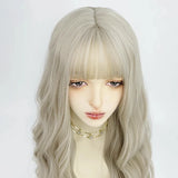 Gaeaspace  -  Light Blonde Wavy Curly Synthetic Women Wigs with Bangs Lolita Cosplay Fluffy Hair Wig for Daily Party