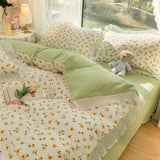 Gaeaspace  -  Ins Korean Style Duvet Cover Set Princess Floral Ruffles Fitted Flat Sheet Pillowcases Girls Single Double Size Bed Linen