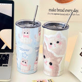 Gaeaspace  -  Kawaii Cat Thermos Cups Tumbler For Hot Cold Coffee Tea Cute 550ml Sainless Steel With Straw Insulated Thermal Cup Water Bottle