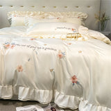 Gaeaspace  -  Flower Embroidery Lace Ruffles Bedding Set Skin-friendly Washed Cotton Princess Style Wedding Duvet Cover Bed Sheet Pillowcases