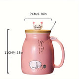 Gaeaspace  -  1pc 420ml Cartoon Cat Ceramic Mug Portable Coffee Cup With Wooden Lid And Stainless Steel Spoon Handle Drinking Cup For Home