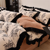 Gaeaspace  -  Luxury Winter Warm Milk Velvet Bedding Set Thickened French Retro Princess Double-Sided Coral Velvet Four Piece Sets Black Lace