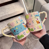 Gaeaspace  -  Korean Ins Niche Design Ceramic Water Cup Cartoon Cute Hand-painted Patch Plaid Mug Heat-resistant Home Milk Cup with Handle