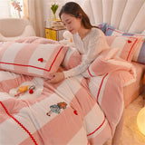 Gaeaspace  -  Milk Velvet Bedding Sets Embroidered Printed Bed Linen Thicken Warm Quilt Cover Sheet Pillowcase Twin Queen King Bedroom Decor