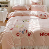 Gaeaspace  -  Cute sweet rabbit pink bedding set kid teen,lovely twin full queen king cotton home textile flat sheet pillow case quilt cover