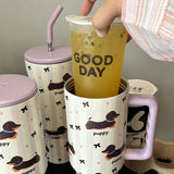 Gaeaspace  -  1200ml Kawaii Puppy Thermos Mug Tumbler For Ice Coffee Water Tea Large Cute Stainless Steel Car Thermal Cups With Straw Handle