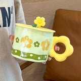 Gaeasapce  -  Ceramic Mug with Lid Handle, Cartoon Flower, Office, Home, Water Cup, Simple, Cute Couple, Breakfast Milk Coffee Cup Ins Fashion