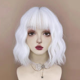 Gaeaspace  -  Synthetic Short Women White Wavy Curly Wig with Bangs Lolita Cosplay Natural Fluffy Hair Wig for Daily Party