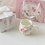 Gaeaspace  -  Irregular Handmade Relief Pink Bow Coffee Ceramic Cup Gift Water Cup Kawaii Cup