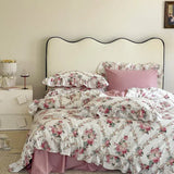 Gaeaspace  -  100% Cotton French Style Vintage Rose Lace Ruffles Bedding Set Flowers Duvet Cover Solid Color Bed Skirt Bedspread Pillowcases