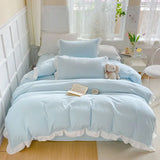 Gaeaspace  -  Korean Princess Style Duvet Cover Set No Filling Pink Blue Soft Washed Cotton Girls Favorite Ruffles Bed Linen Pillowcases