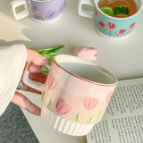 Gaeaspace  -  Tulip Flower Coffee Cup with Handle Ins Style Creative Couple for Girls Gift Cute Ceramic Mug Oatmea Breakfast Milk Wate Cup